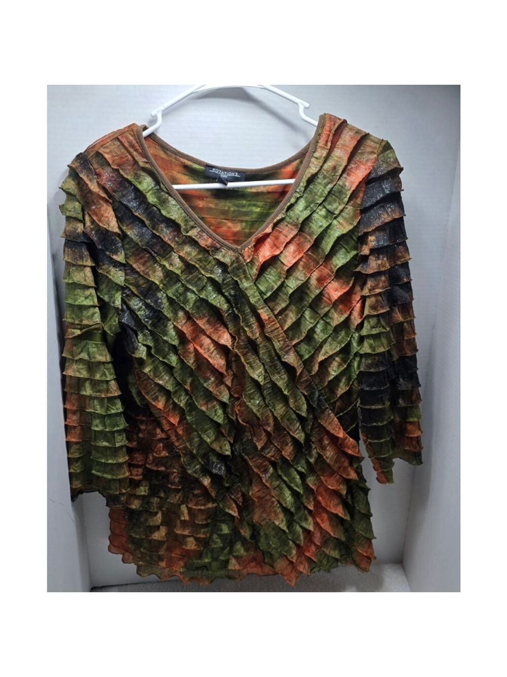 Women's NOTATIONS Petite Ruffle Top PL Green Orange